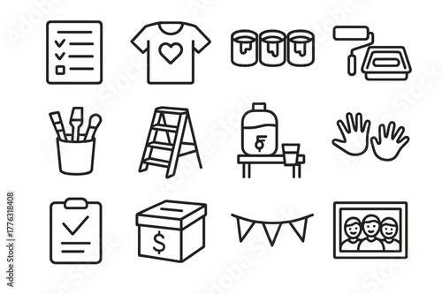 Community Painting Icons. Community Painting Day. Line icon set of Community Painting Day: sign up sheet, volunteer t shirt, paint buckets, roller trays, brush