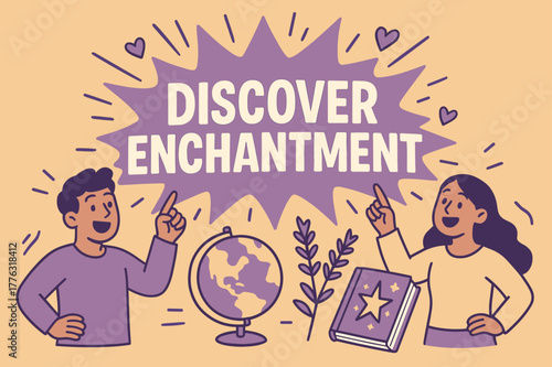 Enchanting Adventure Awaits. Discover enchantment banner, flat vector illustration, bold oversized text inside splash explosion, cartoon characters standing
