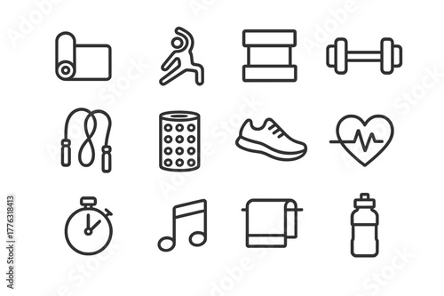 Fitness Icon Grid. Movement and stretching. Line icon set of movement and stretching: yoga mat, stretching figure, resistance band, dumbbell, jump rope, foam