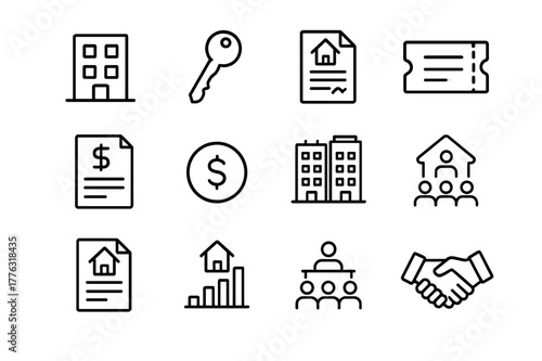 Affordable Housing Icons. Affordable housing schemes. Line icon set of affordable housing schemes: apartment building, house key, rent contract, voucher,