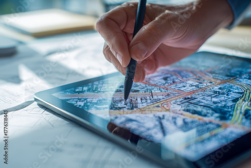 Person using a stylus to interact with a digital map on a tablet, analyzing detailed geographic and urban planning data on a well-lit workspace