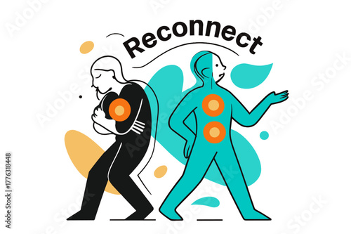 Posture Shift Illustration. Body Memory Integration. Overlapping outlines show posture shift from tension to ease; glowing core circles align spine to heart.