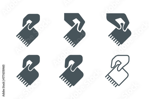 Rug Straightening Icons. Straightening a rug. Set Logo of straightening a rug: rug corner held by fingertips. Icon set. harmonious logo variations of the same