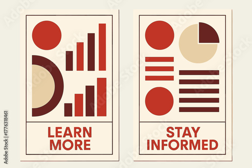 Bauhaus Infographic Banners. INFORMATION. Two vertical A6 banners with safe margins, centered composition, no elements touching edges, bauhaus, red and beige,