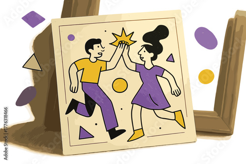 Vintage Photograph Artistry. Dusty Photograph. Vintage photograph leaning against an old frame with floating abstract geometric dust shapes and soft light,