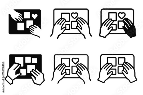 Family Vision Logos. Creating a family vision board. Icon set. Set Logo of creating a family vision board: hands placing images on a poster board. harmonious