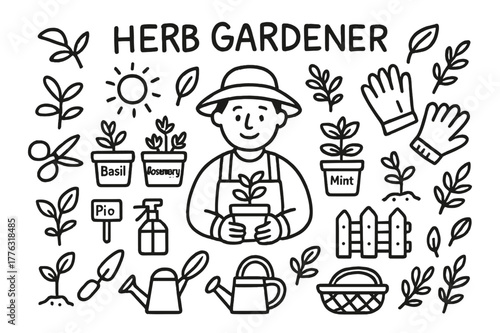 Herb Gardener Doodle. Herb gardener. Hand-drawn doodle illustration herb gardener pots, scissors, labels, herbs, watering can, gloves, basket,