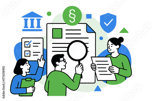Regulatory Oversight Scene. Regulatory compliance. People examining forms, legal documents, and floating