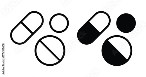 Black and White Illustration of Pills and Capsules for Medical Concepts