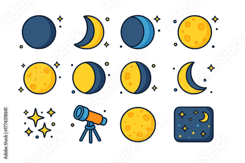 Lunar Phase Icons. Night sky observation. Colorful isometric vector icons set of night sky observation: new moon, waxing crescent, first quarter, waxing