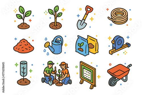 Tree Planting Icons. Tree planting day. Colorful isometric vector icons set of tree planting day: saplings, shovel, wooden stake, twine, mulch, watering can,