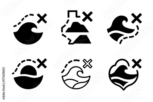 Smuggler's Route Logos. Smuggler?s route. Set Logo of Smuggler?s route: dashed line to hidden cove. harmonious logo variations of the same emblematic concept,