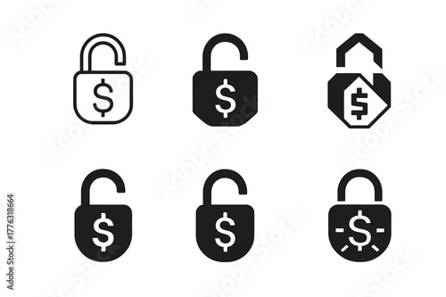 Financial Freedom Logos. Paying off debts and credit obligations. Set Logo of financial freedom: open lock with dollar sign. Icon set. harmonious