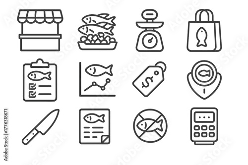 Fish Market Icons. Fish Markets and Consumers. Line icon set of Fish Markets and Consumers: market stall, iced fish display, weighing scale, reusable bag,