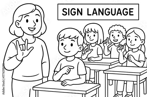 Sign Language Learning. Sign language support children?s coloring book illustration, outlined drawing, interpreter signing beside a student while classmates