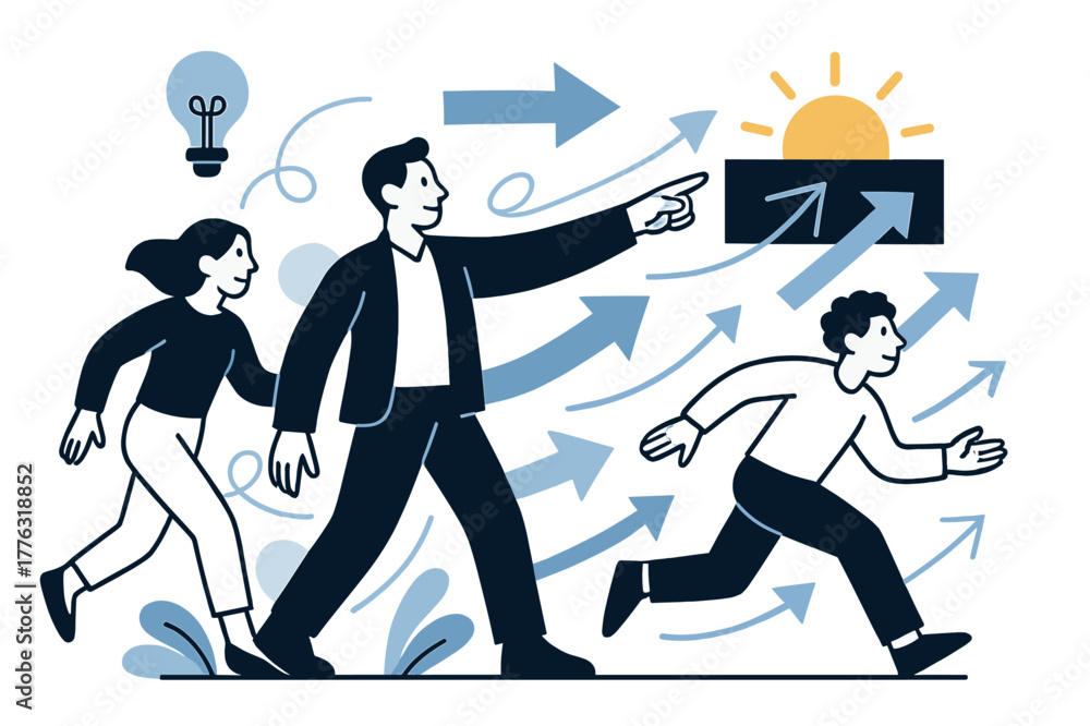 Obraz premium Vision and Strategy. Vision and leadership. Central figure pointing toward a rising sun icon on a horizon board; arrows show strategy pathways ahead. Calm,