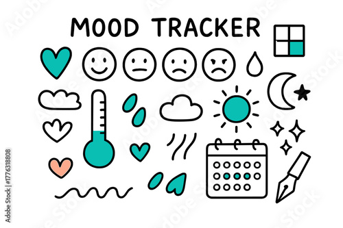 Mood Tracker Doodles. // Mood tracker. Hand-drawn doodle illustration Mood tracker [emoji row (accented), color key swatch (accented), thermometer style chart,