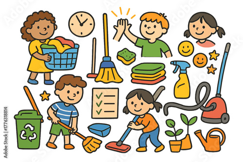 Teamwork Chore Icons. Teamwork chores. Colorful Hand-drawn doodle Children illustration Teamwork chores laundry basket, broom, dustpan, spray bottle, folded