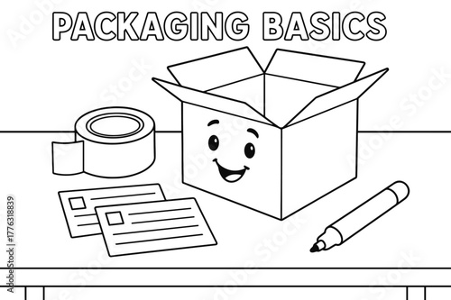 Packaging Fun Coloring Page. Packaging Basics children?s coloring book illustration, outlined drawing, a smiling cardboard box with open flaps, a roll of