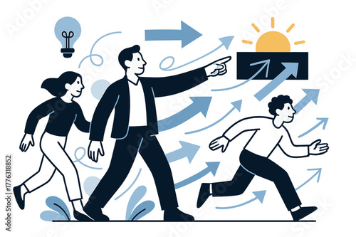 Vision and Strategy. Vision and leadership. Central figure pointing toward a rising sun icon on a horizon board; arrows show strategy pathways ahead. Calm,