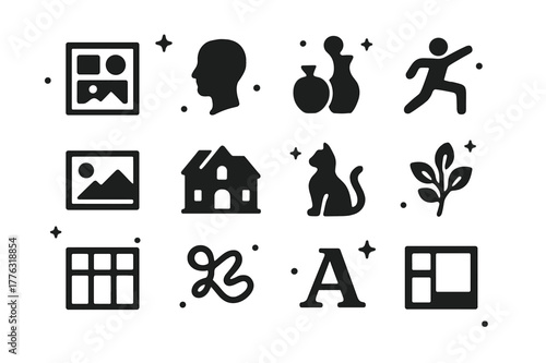 Sketchbook Icon Collection. Sketchbook Ideas. Solid icons set of Sketchbook Ideas: thumbnail sketch, portrait, still life, figure pose, landscape, architecture