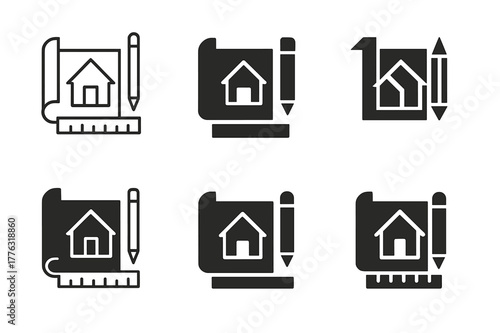 Renovation Logo Variations. Home renovation and remodeling. Set Logo of Home renovation and remodeling: architectural blueprint with pencil and ruler. Icon