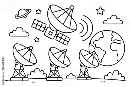 Space Signals Coloring Page. Radio telescope network children?s coloring book illustration, outlined drawing, a space satellite dish beaming signals to Earth?s