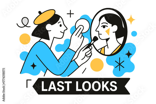 Final Touches Aesthetic. Behind-the-scenes filming ? Makeup touch-up. Powder puffs into clean circles; a mirror reflects geometric cheeks and a steady hand.