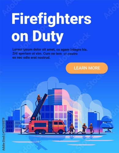 Firefighters on duty city emergency fire truck spraying water urban buildings teamwork modern flat website banner