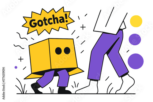 Box Hide-and-Seek. Backyard Box Ambush. A cardboard box with eyeholes shuffles across the grass; the seeker?s socked feet freeze mid-step. ?Gotcha!? pops in