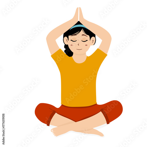 Relaxed woman meditating while sitting in a lotus yoga pose. Peaceful and calm people practicing relaxation meditation. Flat vector illustration with the concept of relaxation, concentration