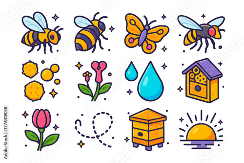 Early Bloom Pollinators. Pollinators in early bloom. Colorful isometric vector icons set of Pollinators in early bloom: honeybee, bumblebee, butterfly,