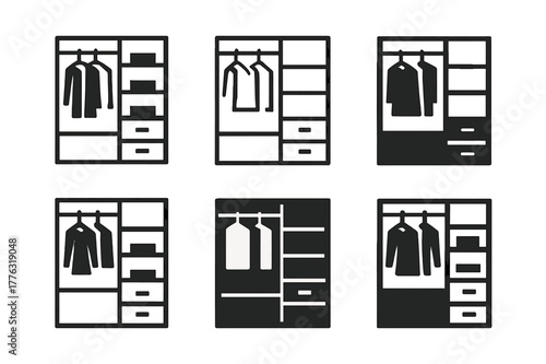 Customizable Storage Logos. Customizable home storage solutions. Icon set. Set Logo of customizable home storage solutions: closet organizer system. harmonious