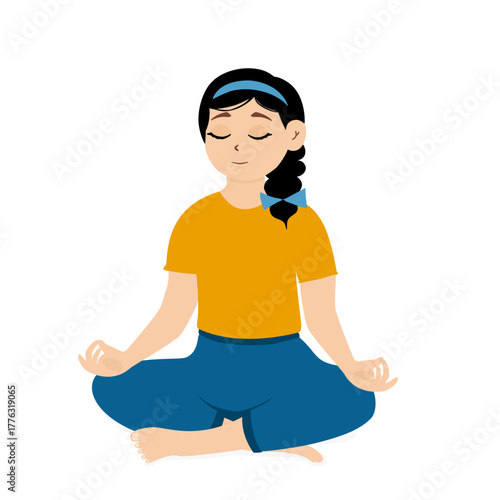 Relaxed woman meditating while sitting in a lotus yoga pose. Peaceful and calm people practicing relaxation meditation. Flat vector illustration with the concept of relaxation, concentration