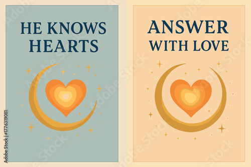 Hearts to Allah Banners. Hearts to Allah. Two vertical A6 banners with safe margins, centered composition, no elements touching edges, pastel, navy and gold,