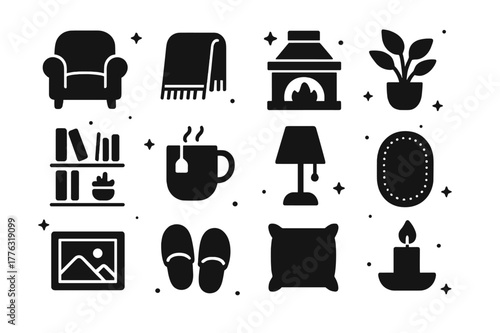 Homey Icon Set. Homey. Solid icons set of Homey: cozy armchair, throw blanket, fireplace, house plant, bookshelf, mug of tea, table lamp, rug, picture frame,