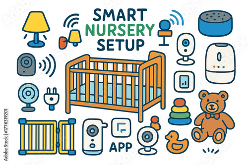 Smart Nursery Essentials. Smart nursery setup. Colorful Hand-drawn doodle Children illustration Smart nursery setup crib, night lamp, smart speaker,