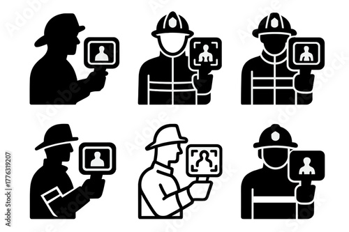 Firefighting Technology Logos. Firefighters and emergency services working with technology. Set Logo of firefighters and emergency services working with