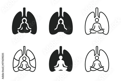 Mindful Breathing Logos. Mindfulness and meditation. Set Logo of Mindfulness and meditation: mindful breathing lungs. Icon set. harmonious logo variations of