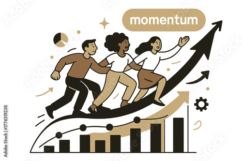 Momentum and Growth. Pitch Deck ? Traction & Growth. Bars and curves soar upward; milestone icons pulse at key dates. Label ?momentum.? glows at peak. Modern