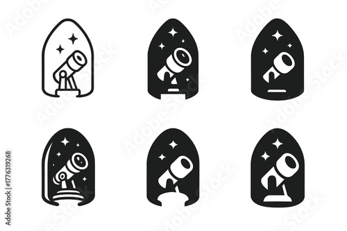 Space Telescope Logos. space telescopes. Set Logo of space telescopes: launch fairing opening revealing observatory. Icon set. harmonious logo variations of