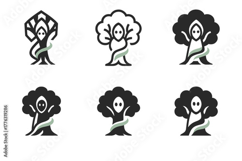 Forest Spirit Logo Variations. A forest spirit guarding an ancient oak tree. Set Logo of a forest spirit guarding an ancient oak tree: glowing wisp circling