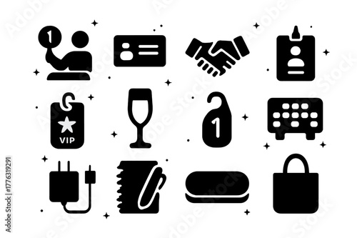 Collector Icons Set. Collector experience. Solid icons set of Collector experience: bidder seat, business card, handshake deal, membership card, VIP badge,