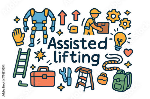 Assisted Lifting Doodle. Assisted lifting. Hand-drawn doodle illustration of assisted lifting. Exoskeleton,