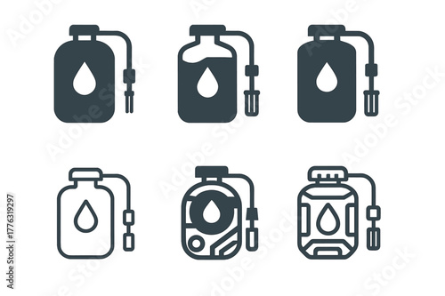 Post-Apocalyptic Logos. Post-apocalyptic societies. Set Logo of Post-apocalyptic societies: water purifier canister. Icon set. harmonious logo variations of