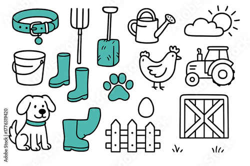 Farm Tools & Pets. Farm tools & pets. Hand-drawn doodle illustration farm tools & pets [collar (accented), pitchfork, watering can, hay bale (accented),