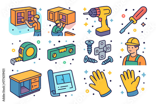 Cabinet Installation Icons. Cabinet installation. Colorful isometric vector icons set of cabinet installation: upper cabinets, lower cabinets, drill,