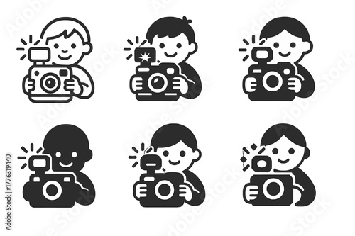Camera Logo Variations. Holding a camera. Set Logo of Holding a camera: child holding instant camera with flash. Icon set. harmonious logo variations of the