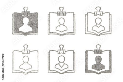 Sketchbook Logo Set. Creating a pencil sketch for a portrait. Set Logo of sketchbook setup: open sketchbook with binder clip. Icon set. harmonious logo