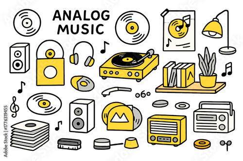 Retro Music Collection. Analog music. Hand-drawn doodle illustration record player (colored), vinyl records (colored), turntable (colored), speaker (colored),